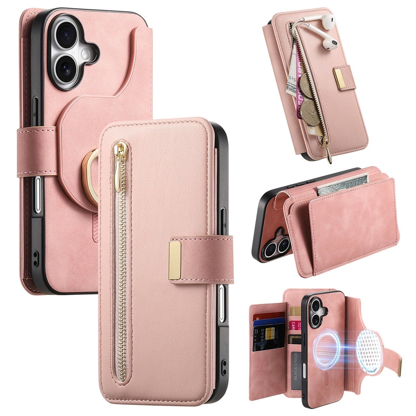 New RFID Blocking Zipper Wallet Magnetic Leather Phone Case for iPhone 16/16 Pro/16 Plus/16 Pro Max
