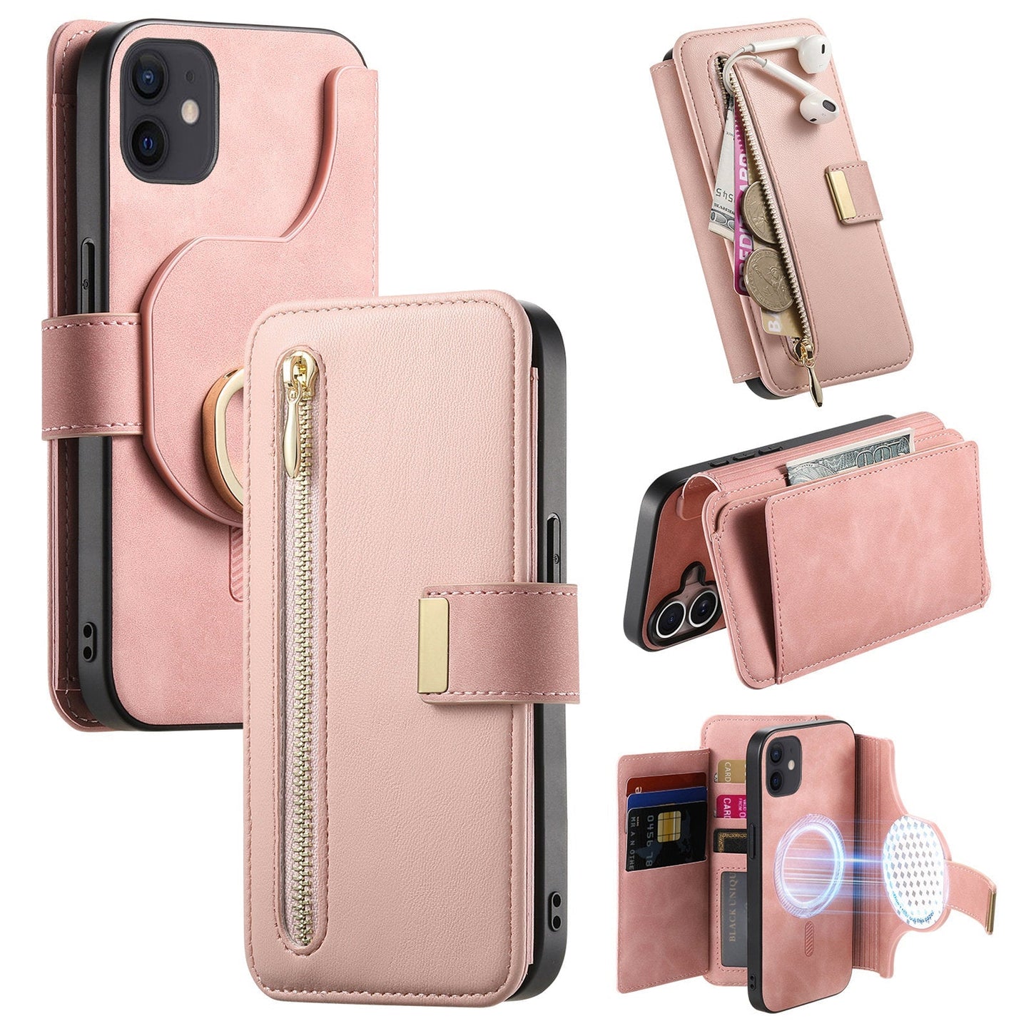 New RFID Blocking Zipper Wallet Magnetic Leather Phone Case for iPhone