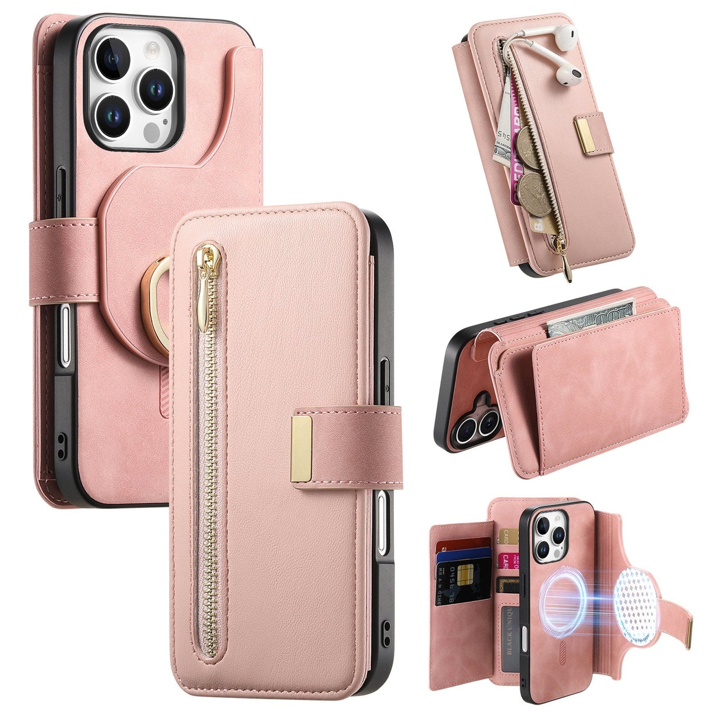 New RFID Blocking Zipper Wallet Magnetic Leather Phone Case for iPhone 16/16 Pro/16 Plus/16 Pro Max