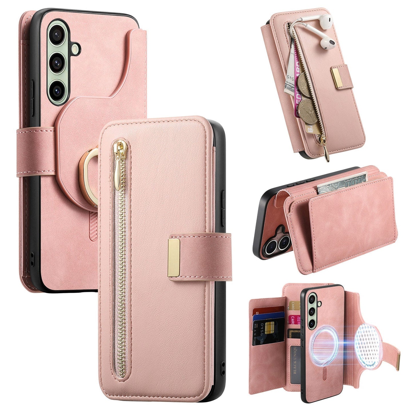 New RFID Blocking Zipper Wallet Magnetic Leather Phone Case for Samsung