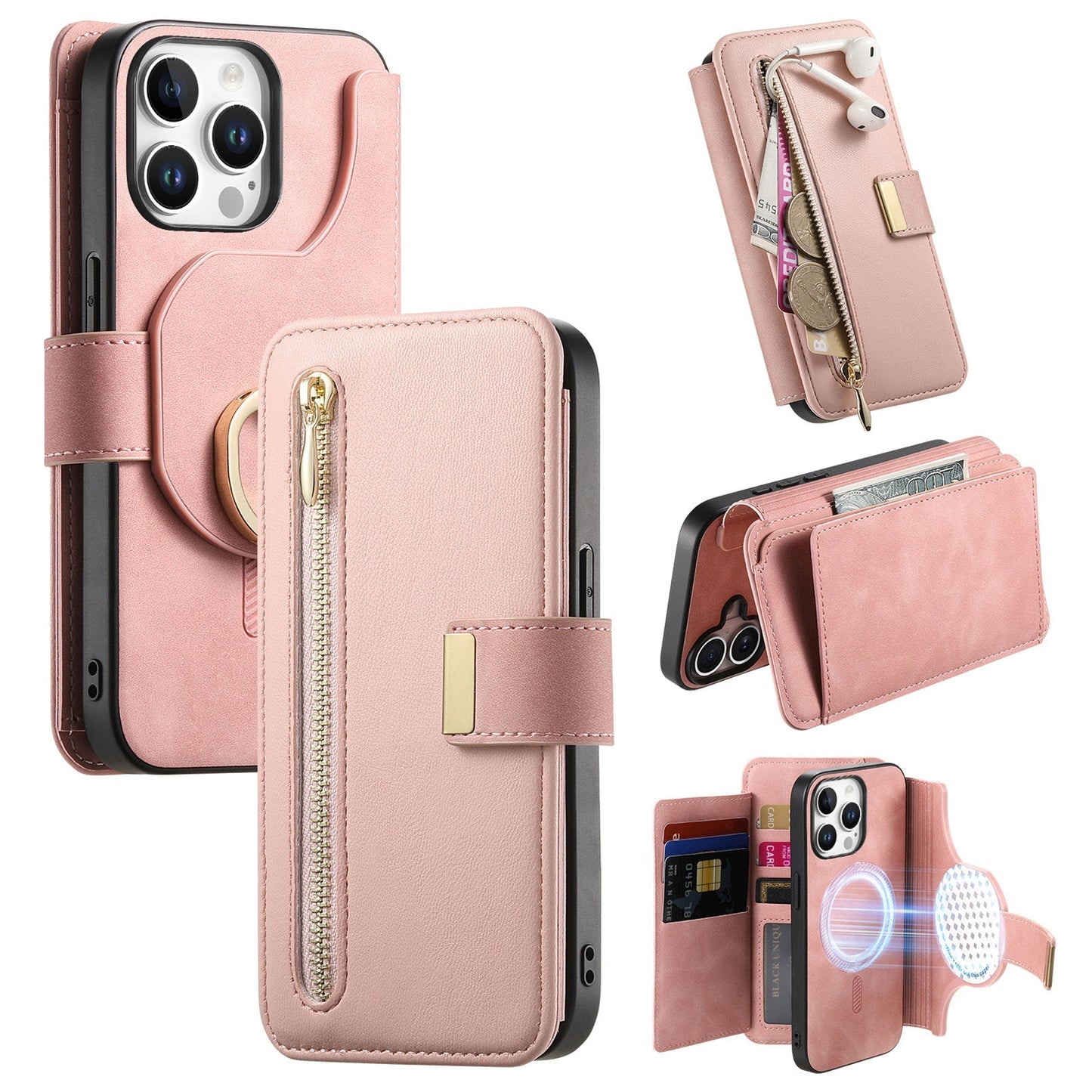 New RFID Blocking Zipper Wallet Magnetic Leather Phone Case for iPhone