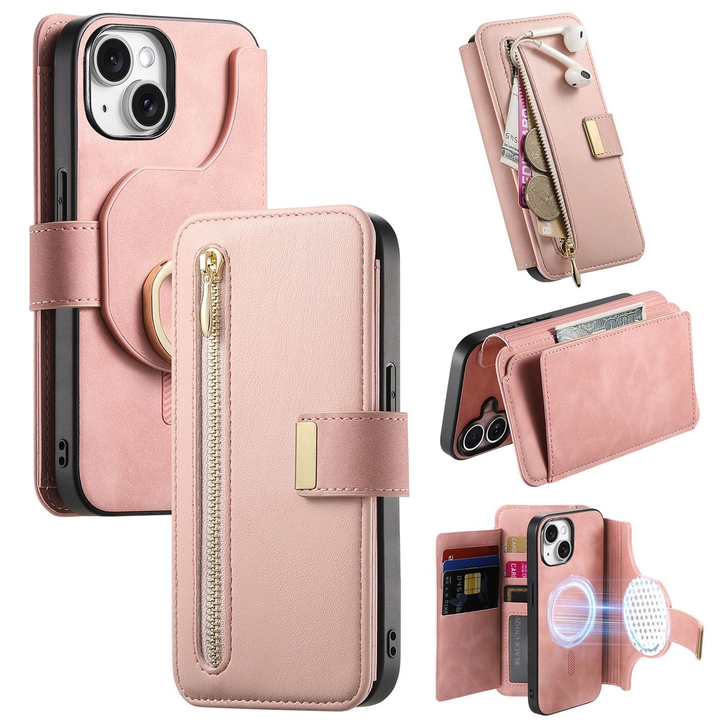 New RFID Blocking Zipper Wallet Magnetic Leather Phone Case for iPhone