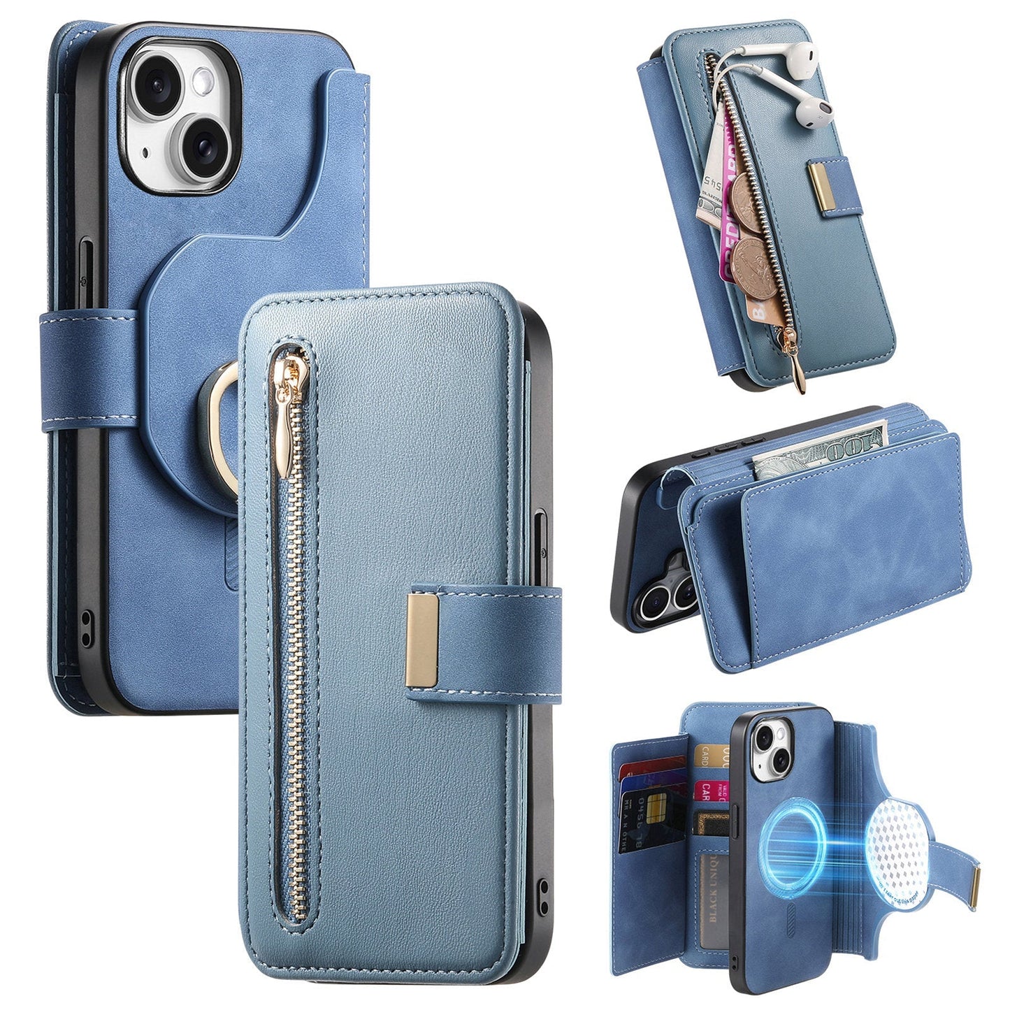 New RFID Blocking Zipper Wallet Magnetic Leather Phone Case for iPhone