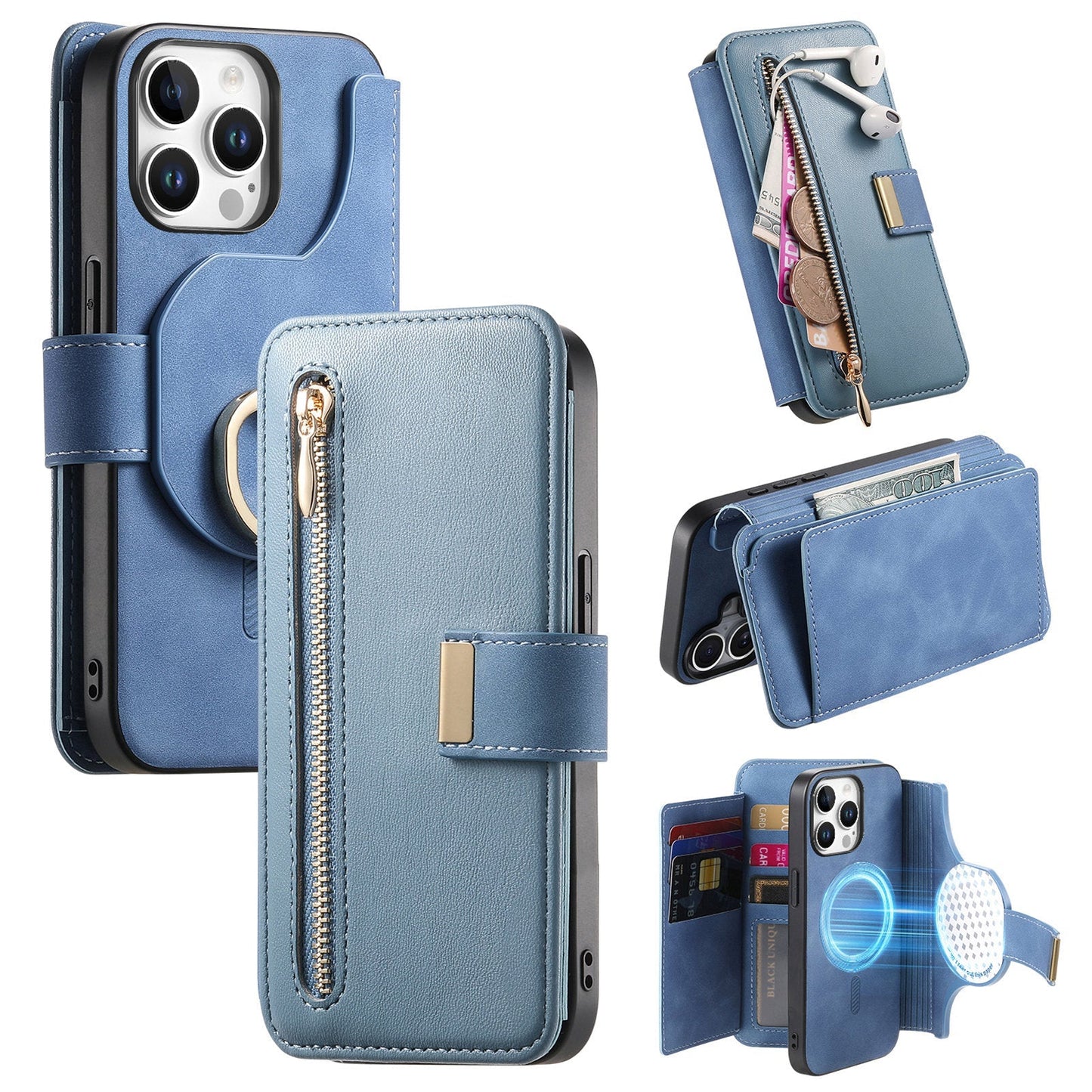 New RFID Blocking Zipper Wallet Magnetic Leather Phone Case for iPhone