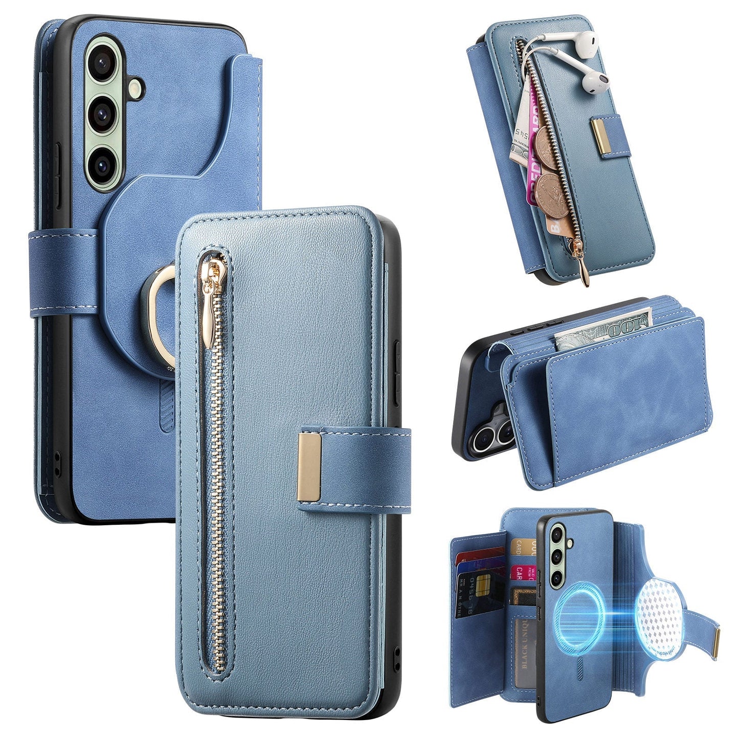 New RFID Blocking Zipper Wallet Magnetic Leather Phone Case for Samsung