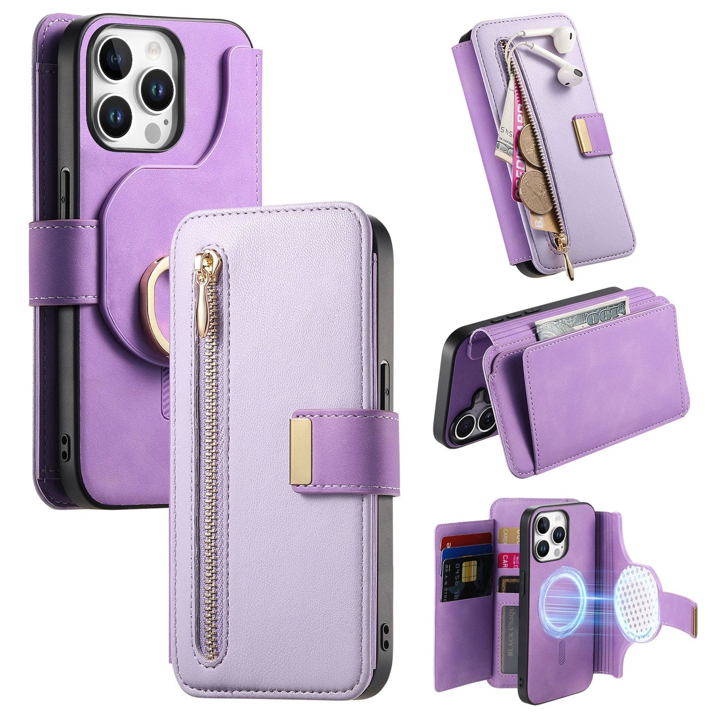 New RFID Blocking Zipper Wallet Magnetic Leather Phone Case for iPhone
