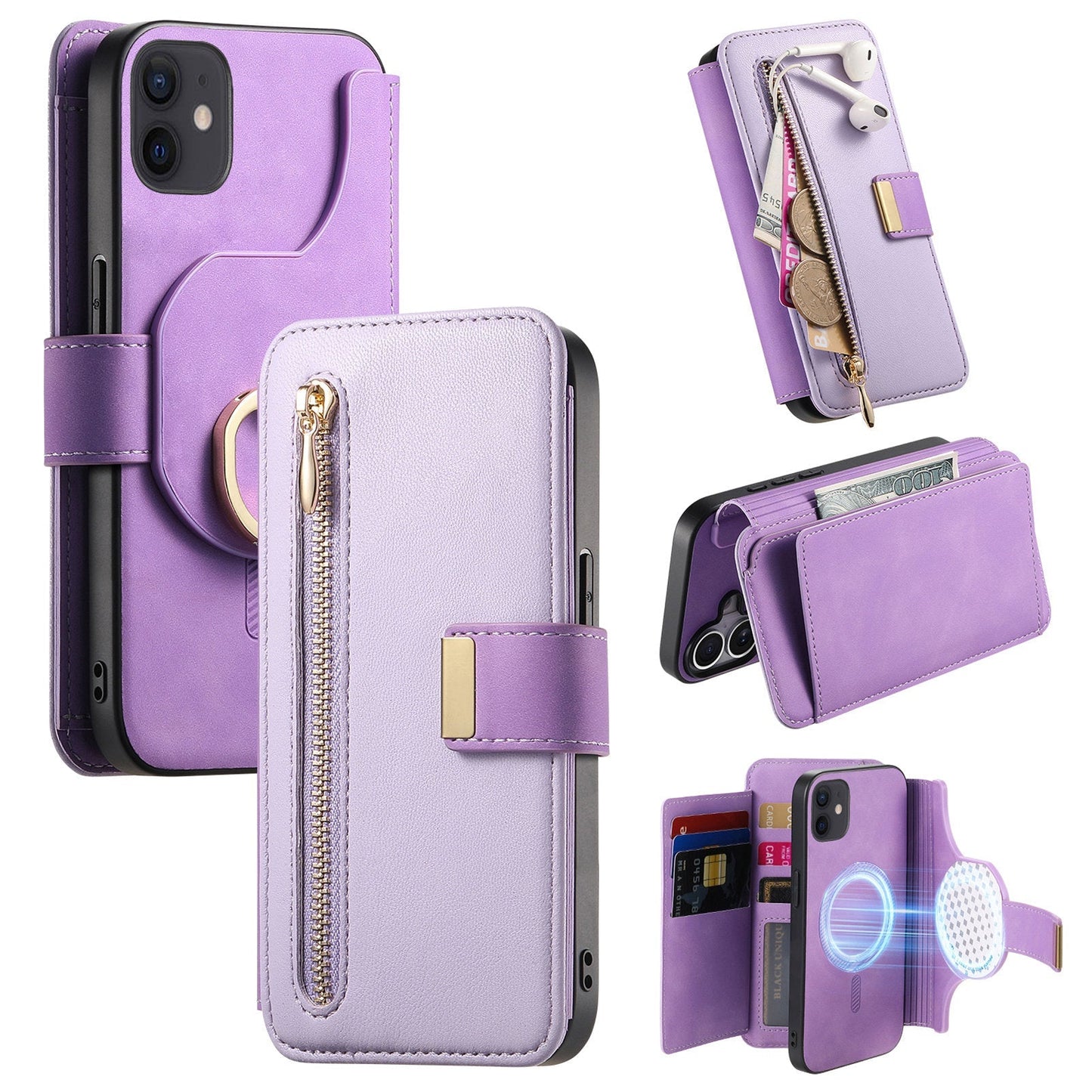 New RFID Blocking Zipper Wallet Magnetic Leather Phone Case for iPhone