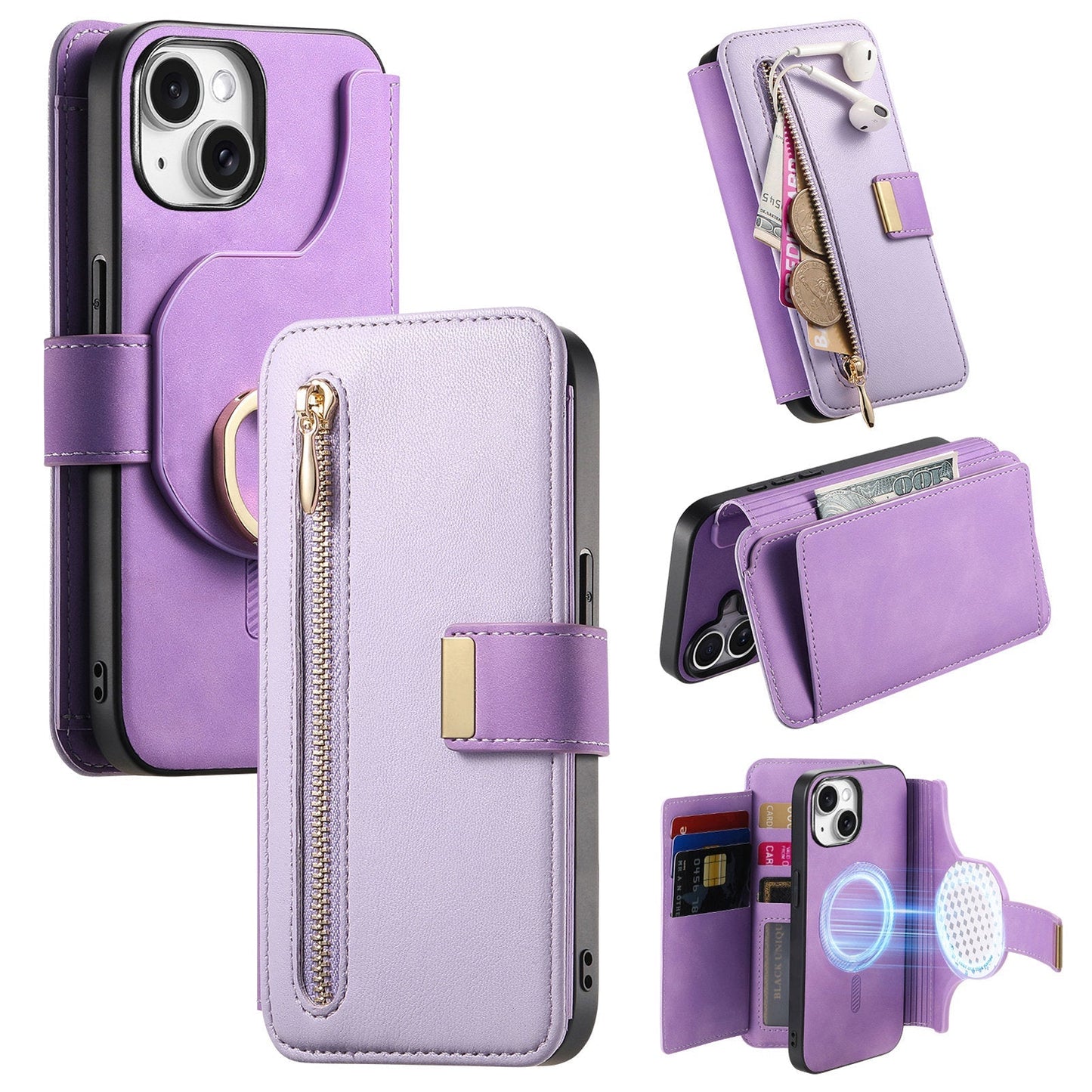 New RFID Blocking Zipper Wallet Magnetic Leather Phone Case for iPhone