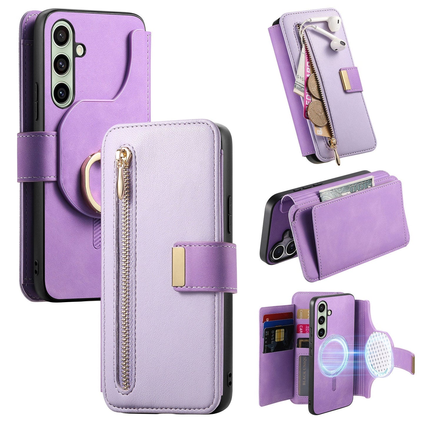 New RFID Blocking Zipper Wallet Magnetic Leather Phone Case for Samsung