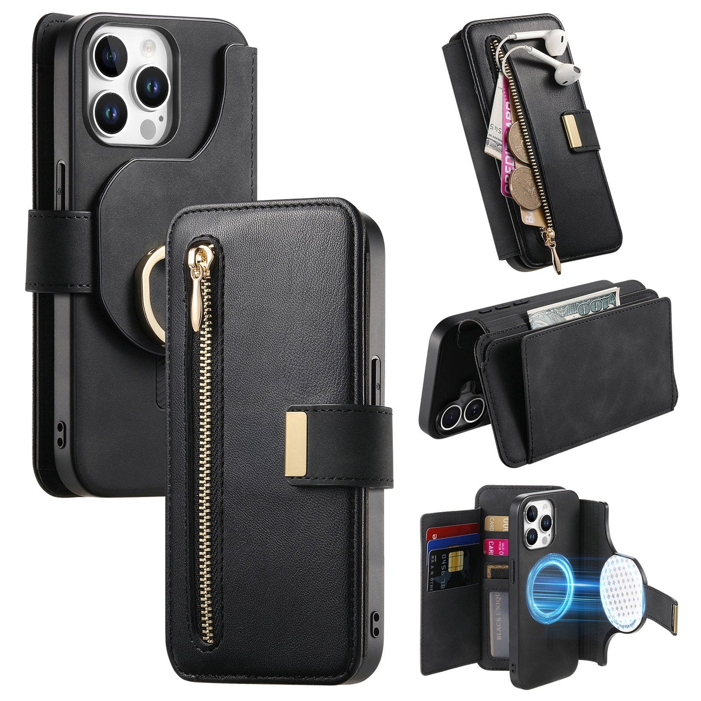 New RFID Blocking Zipper Wallet Magnetic Leather Phone Case for iPhone