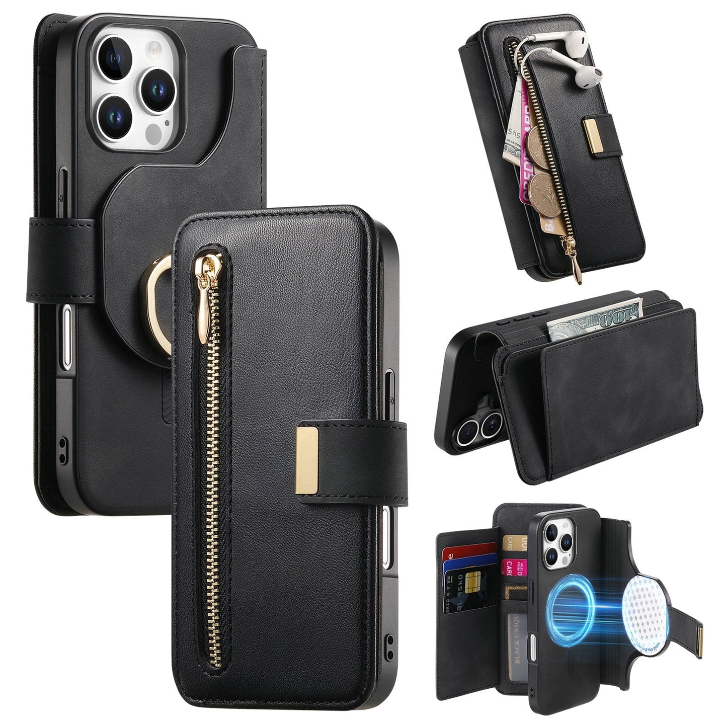 New RFID Blocking Zipper Wallet Magnetic Leather Phone Case for iPhone 16/16 Pro/16 Plus/16 Pro Max