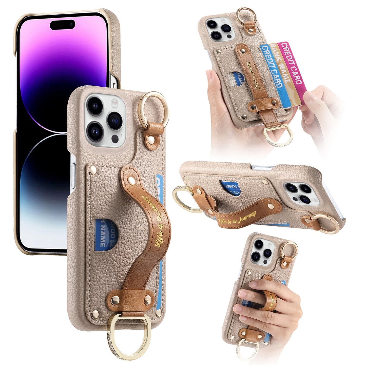 New Litchi Pattern Wristband Ring RFID Blocking Card Holder Phone Case for iPhone