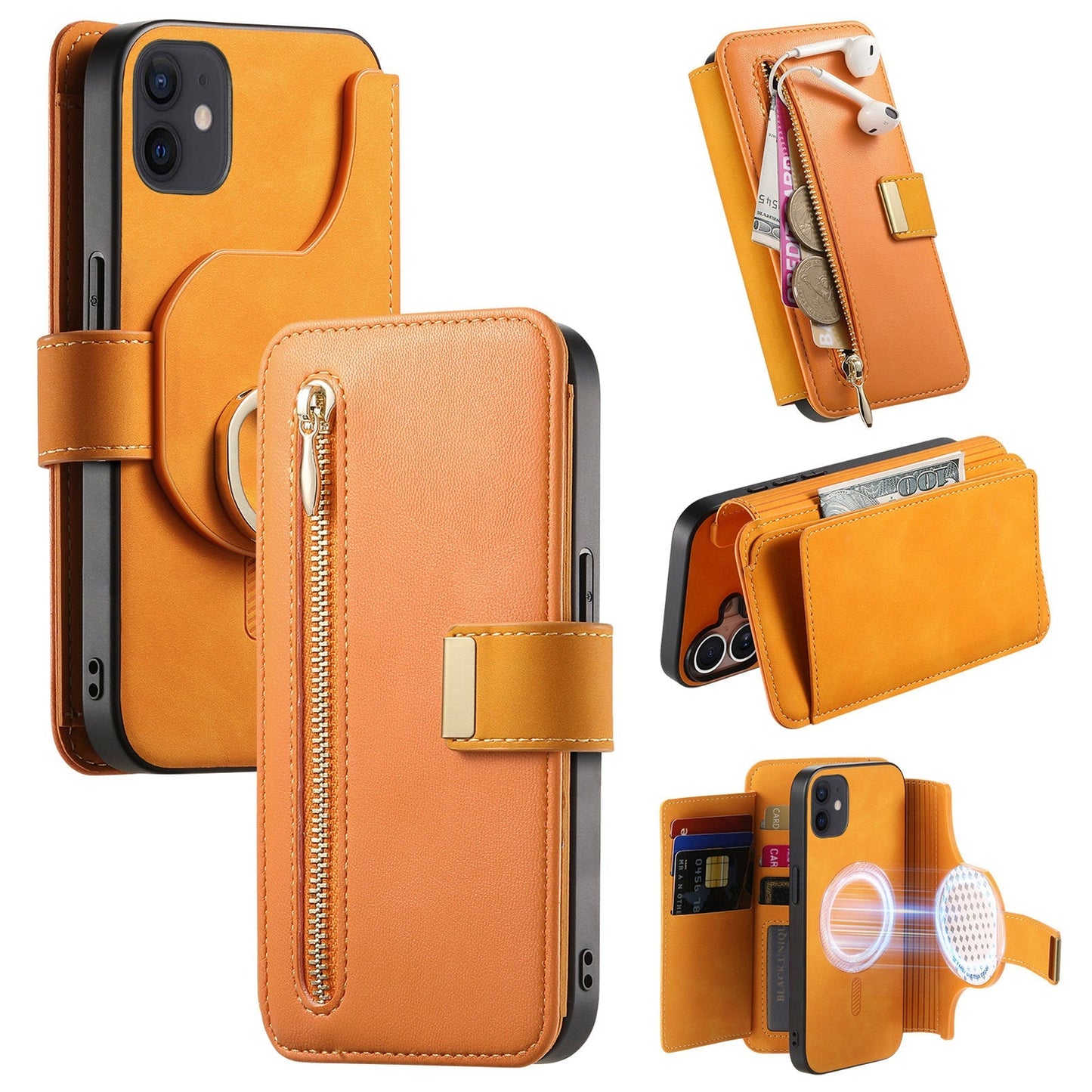 New RFID Blocking Zipper Wallet Magnetic Leather Phone Case for iPhone