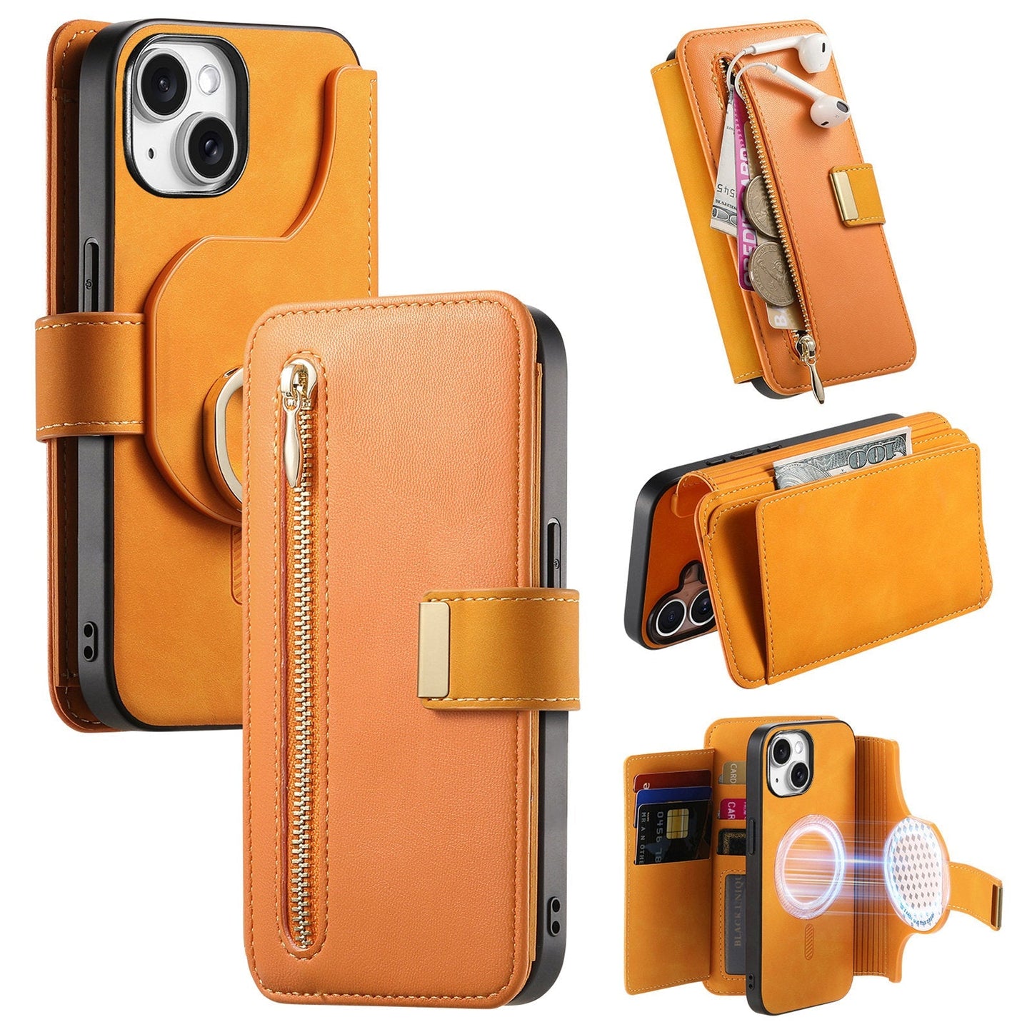 New RFID Blocking Zipper Wallet Magnetic Leather Phone Case for iPhone