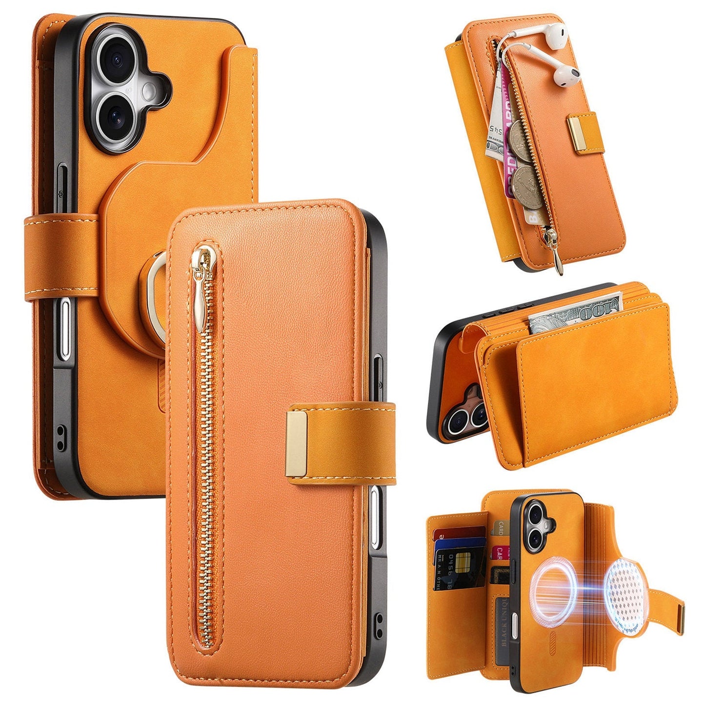 New RFID Blocking Zipper Wallet Magnetic Leather Phone Case for iPhone 16/16 Pro/16 Plus/16 Pro Max