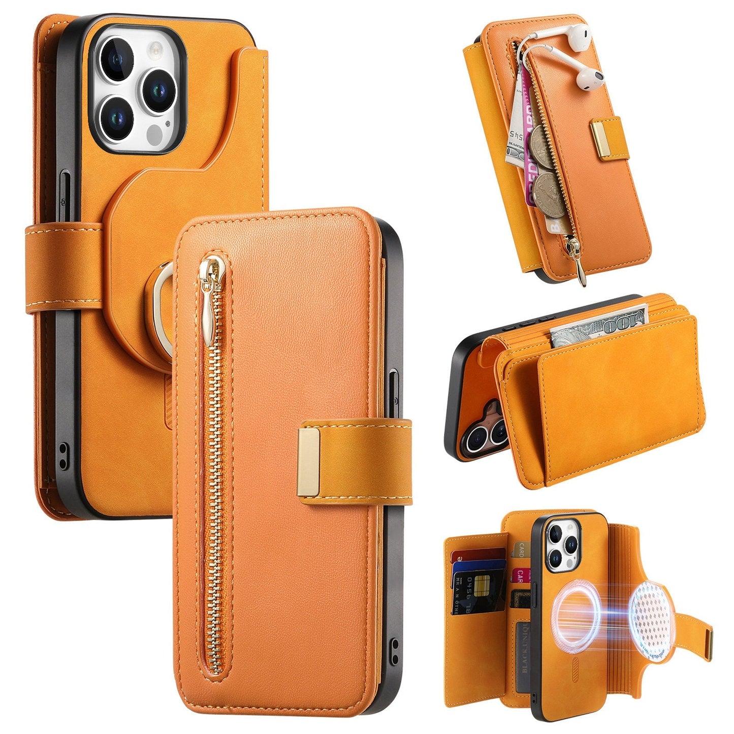 New RFID Blocking Zipper Wallet Magnetic Leather Phone Case for iPhone