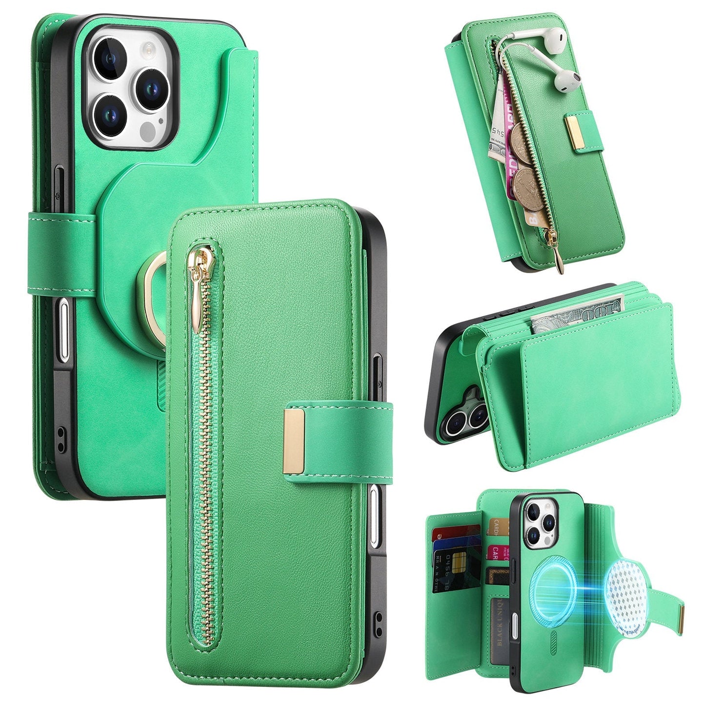 New RFID Blocking Zipper Wallet Magnetic Leather Phone Case for iPhone 16/16 Pro/16 Plus/16 Pro Max