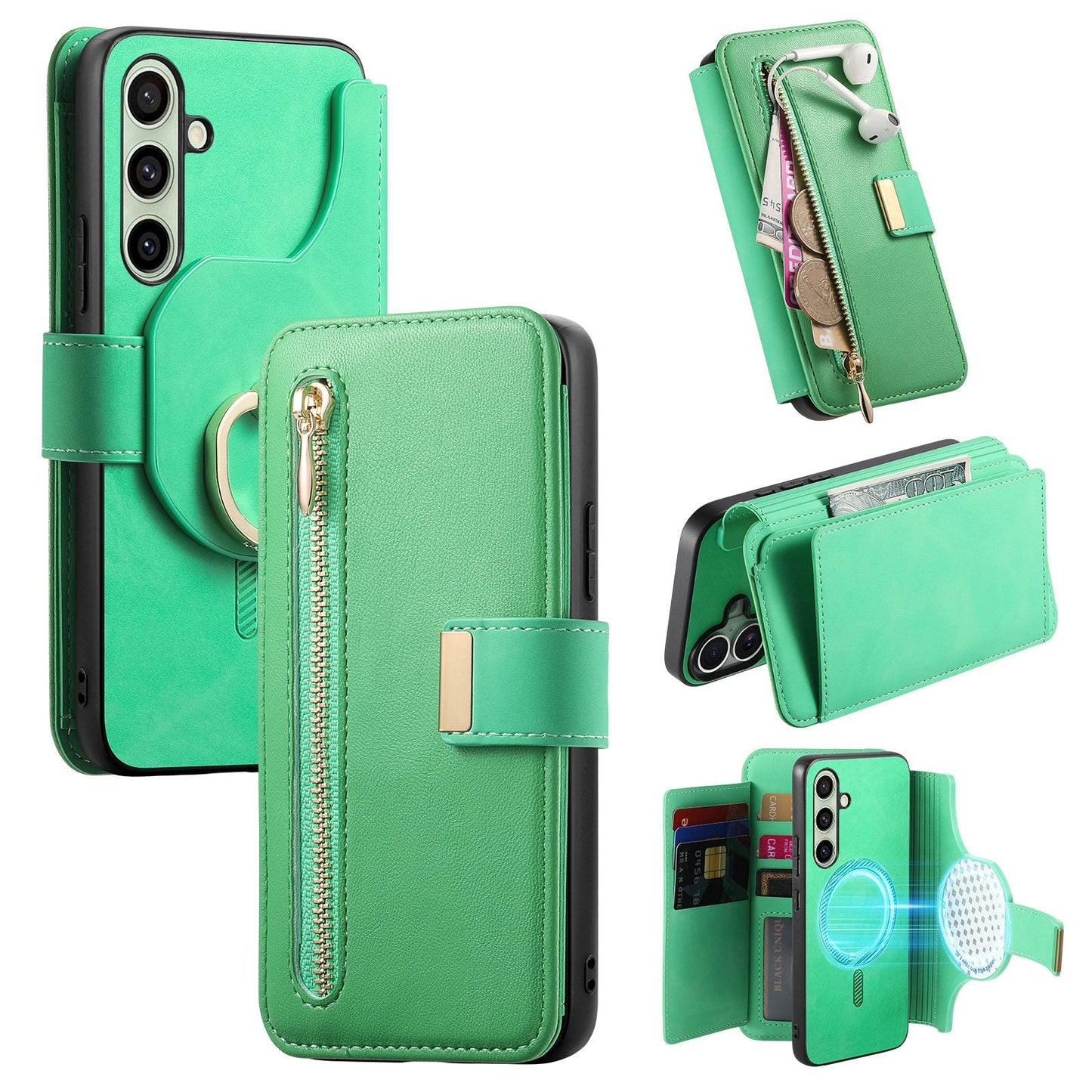 New RFID Blocking Zipper Wallet Magnetic Leather Phone Case for Samsung