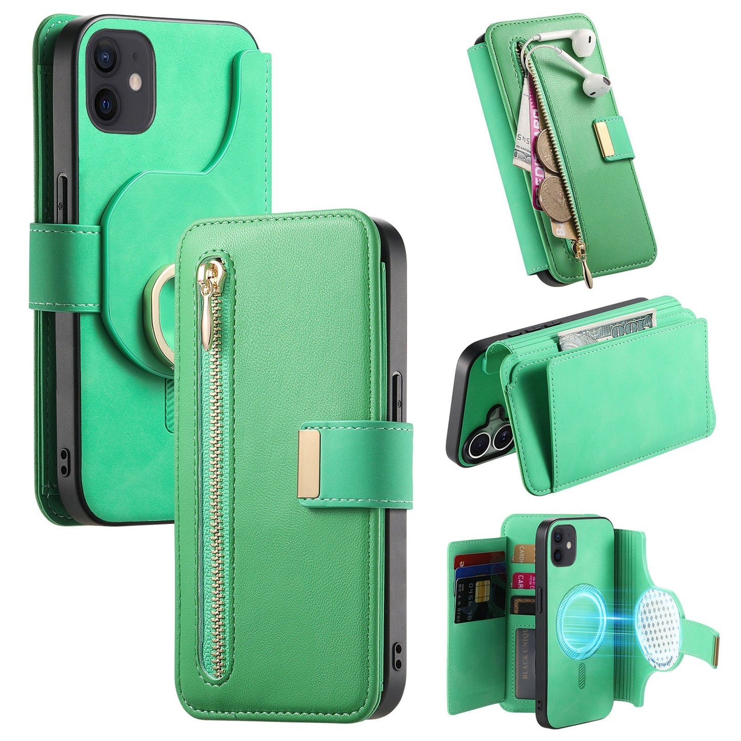 New RFID Blocking Zipper Wallet Magnetic Leather Phone Case for iPhone