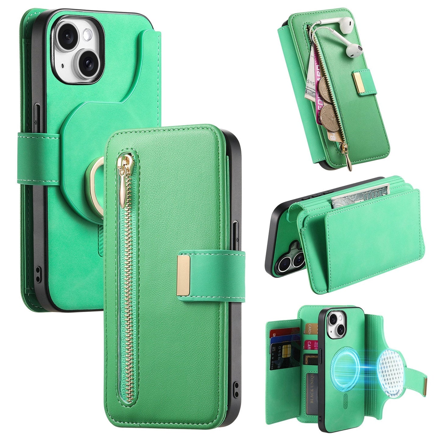 New RFID Blocking Zipper Wallet Magnetic Leather Phone Case for iPhone