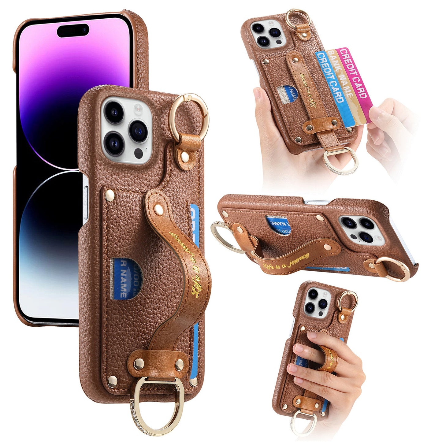 New Litchi Pattern Wristband Ring RFID Blocking Card Holder Phone Case for iPhone