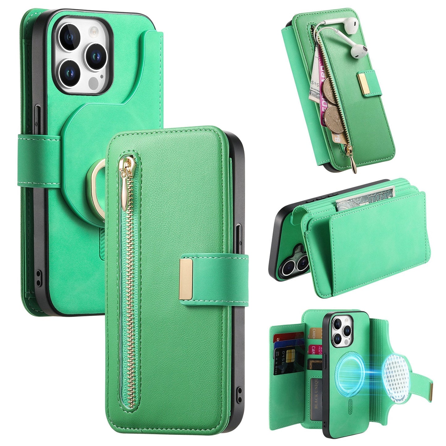 New RFID Blocking Zipper Wallet Magnetic Leather Phone Case for iPhone