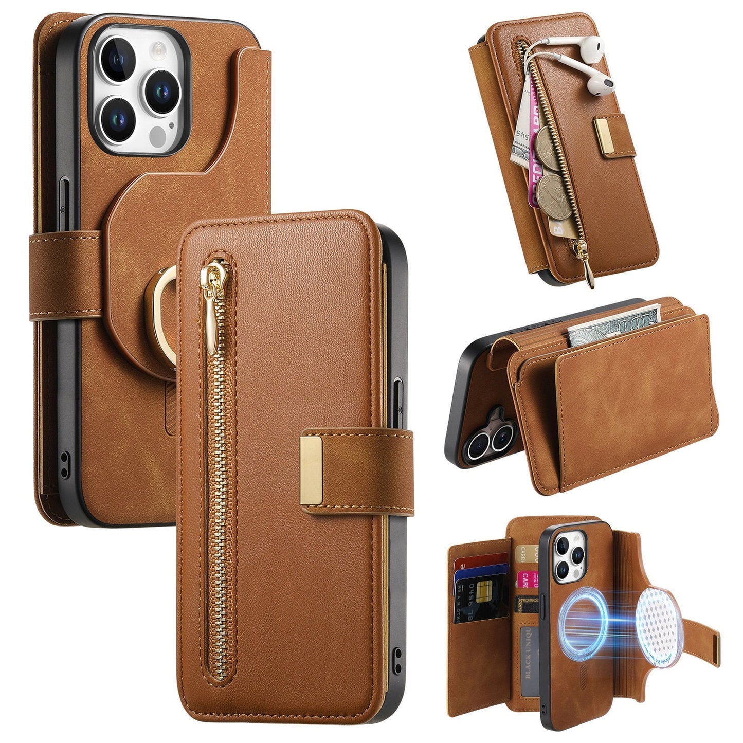 New RFID Blocking Zipper Wallet Magnetic Leather Phone Case for iPhone