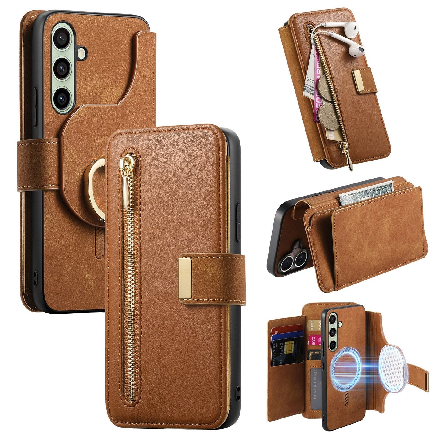 New RFID Blocking Zipper Wallet Magnetic Leather Phone Case for Samsung
