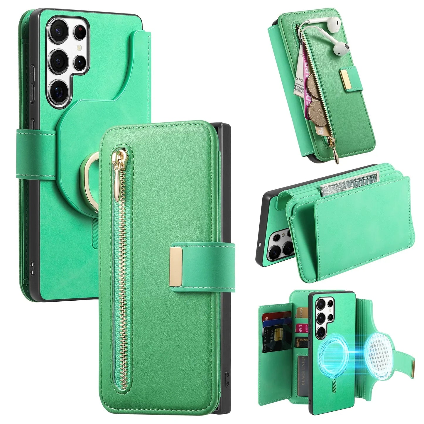 New RFID Blocking Zipper Wallet Magnetic Leather Phone Case for Samsung