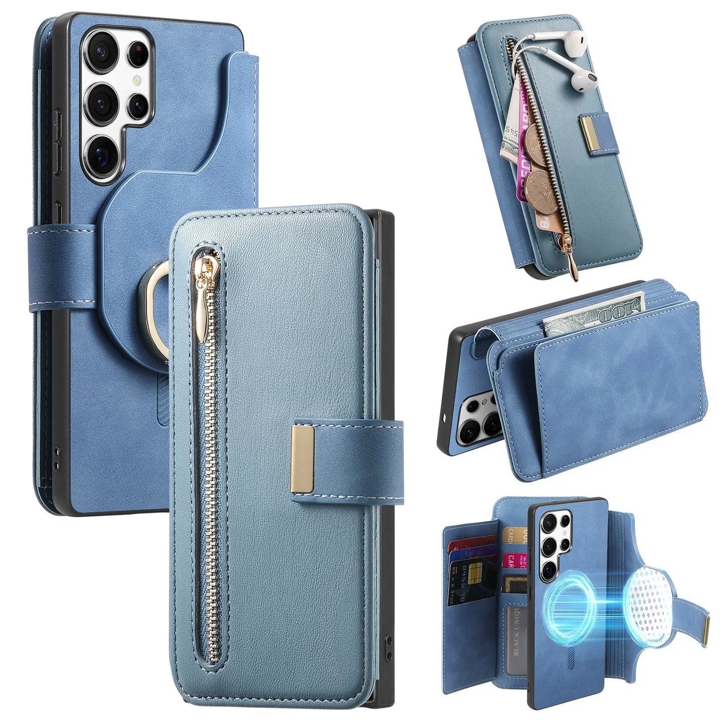 New RFID Blocking Zipper Wallet Magnetic Leather Phone Case for Samsung