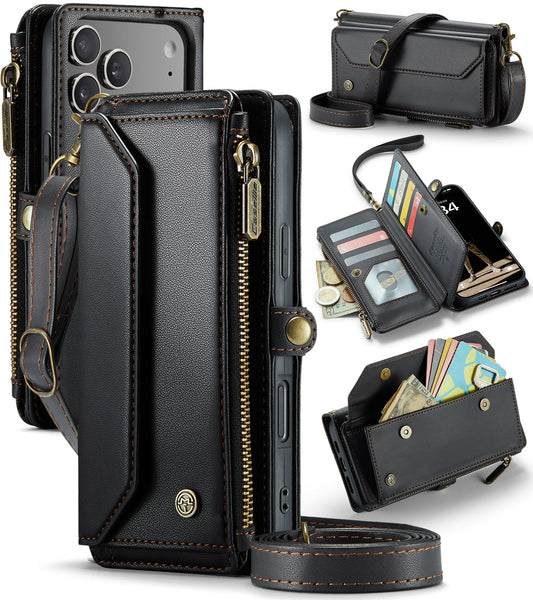 New RFID Blocking Zipper Wallet Supports Wireless Charging with Long and Short Lanyard Leather Phone Case for iPhone Air/17/17 Pro/17 Pro Max