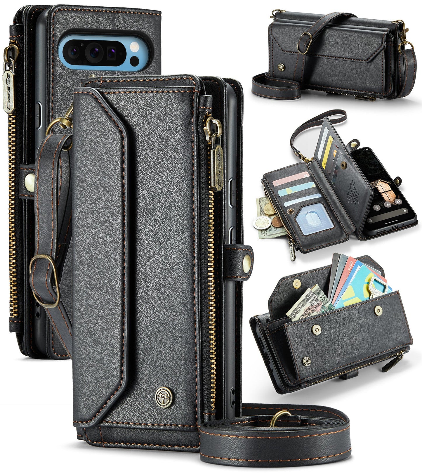 New RFID Blocking Zipper Wallet Supports Wireless Charging with Long and Short Lanyard Leather Phone Case for Google