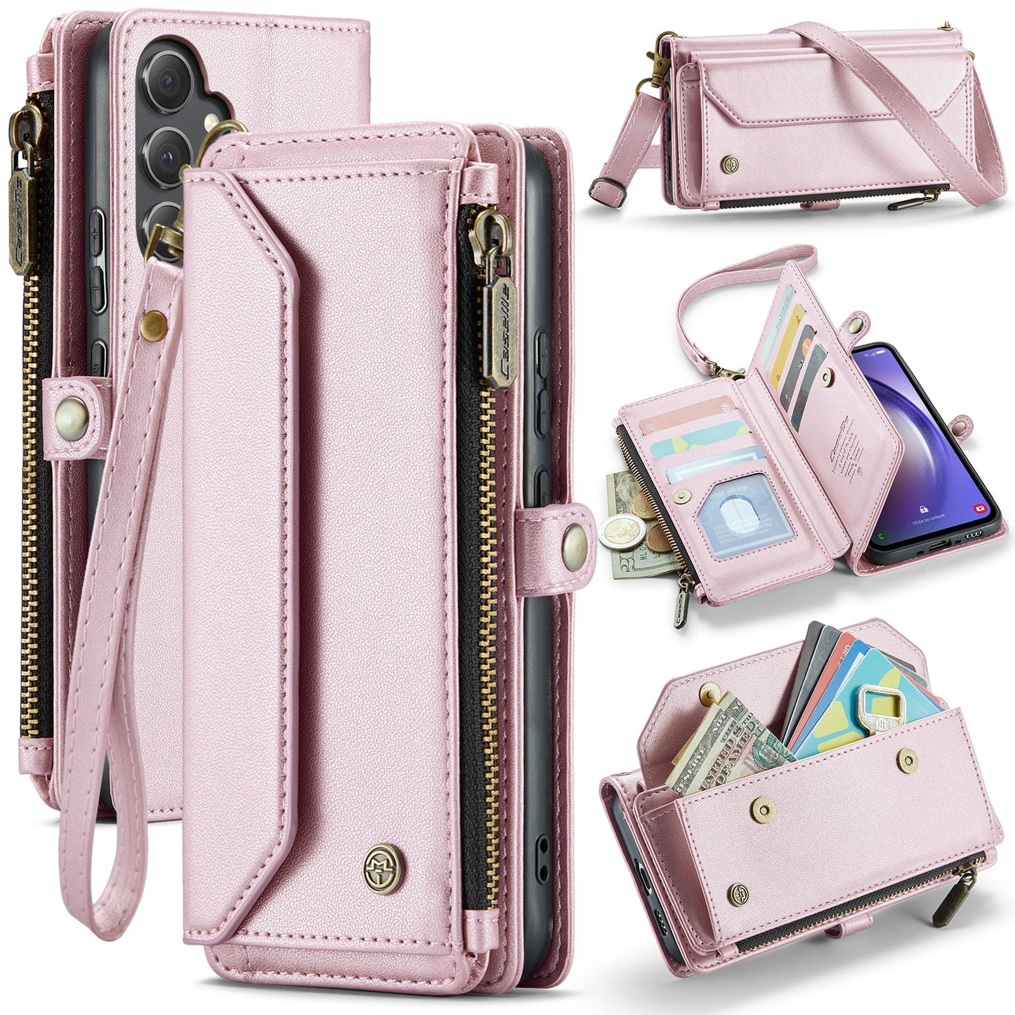 New RFID Blocking Zipper Wallet Supports Wireless Charging with Long and Short Lanyard Leather Phone Case for Samsung Galaxy A