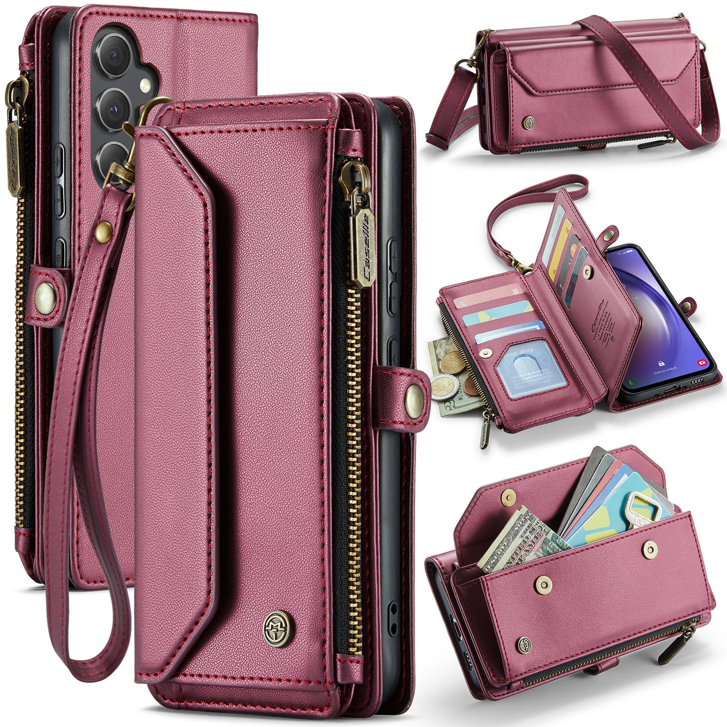New RFID Blocking Zipper Wallet Supports Wireless Charging with Long and Short Lanyard Leather Phone Case for Samsung Galaxy S25/S25+/S25 Ultra