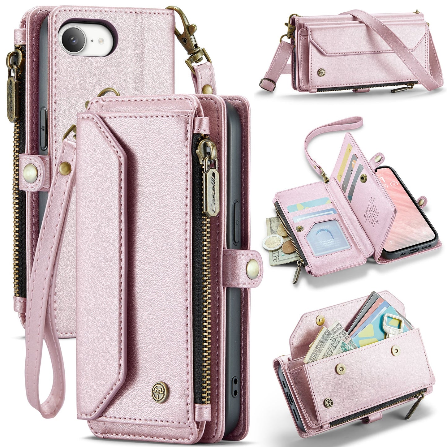 New RFID Blocking Zipper Wallet Supports Wireless Charging with Long and Short Lanyard Leather Phone Case for iPhone16/16e/16 Pro/16 Plus/16 Pro Max
