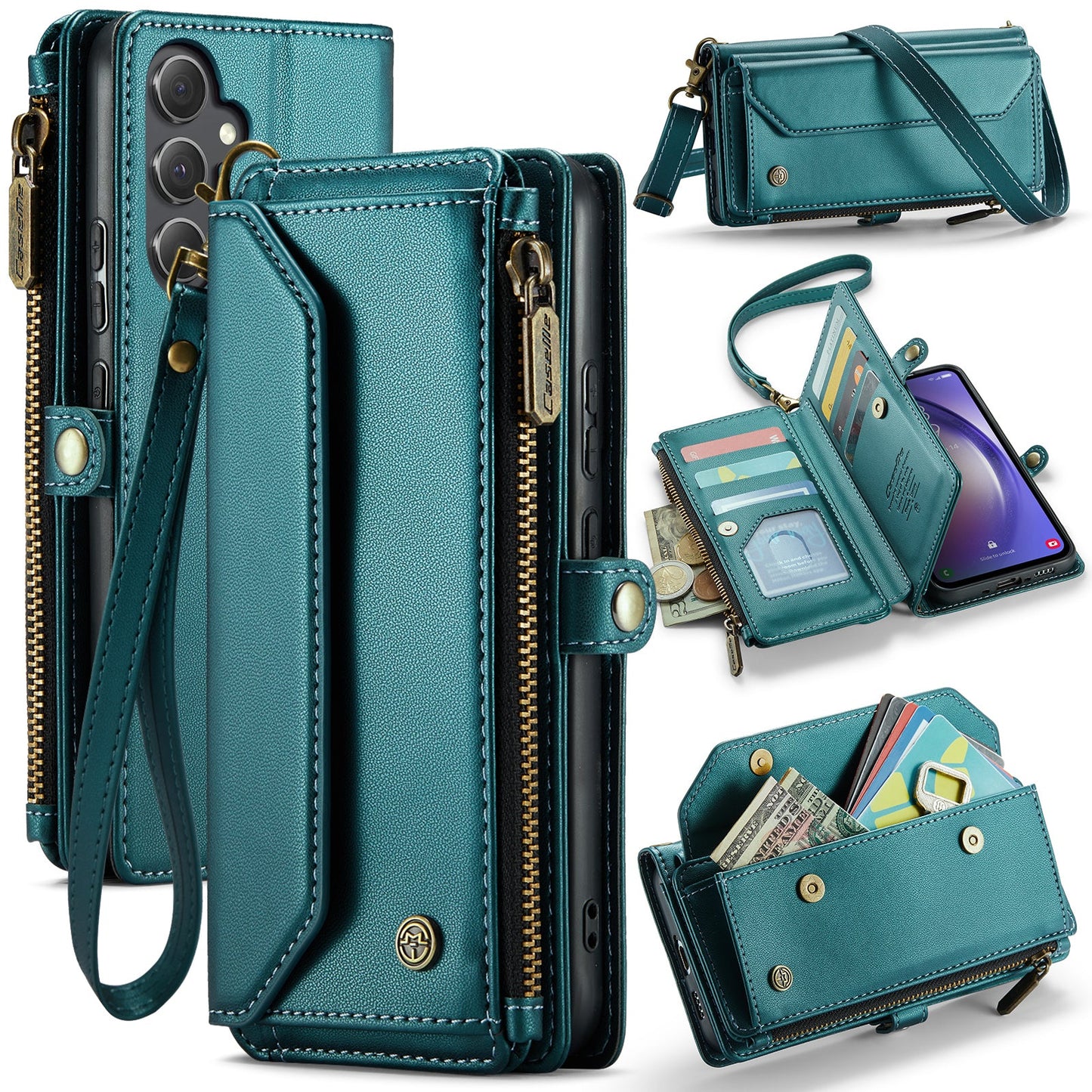 New RFID Blocking Zipper Wallet Supports Wireless Charging with Long and Short Lanyard Leather Phone Case for Samsung Galaxy S25/S25+/S25 Ultra