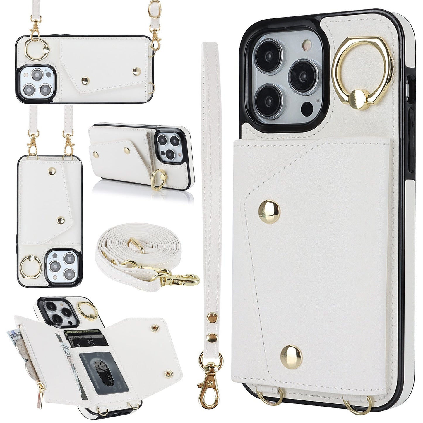 New Crossbody Zipper Wallet with Long and Short Lanyard Leather Phone Case for iPhone