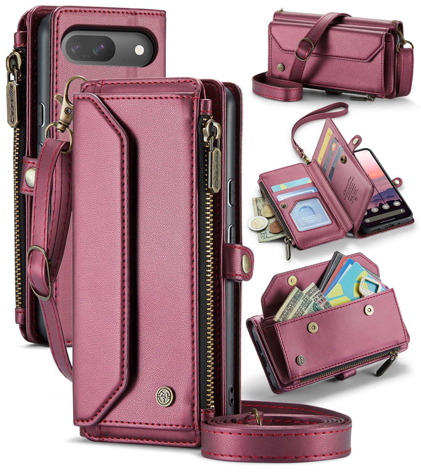 New RFID Blocking Zipper Wallet Supports Wireless Charging with Long and Short Lanyard Leather Phone Case for Google