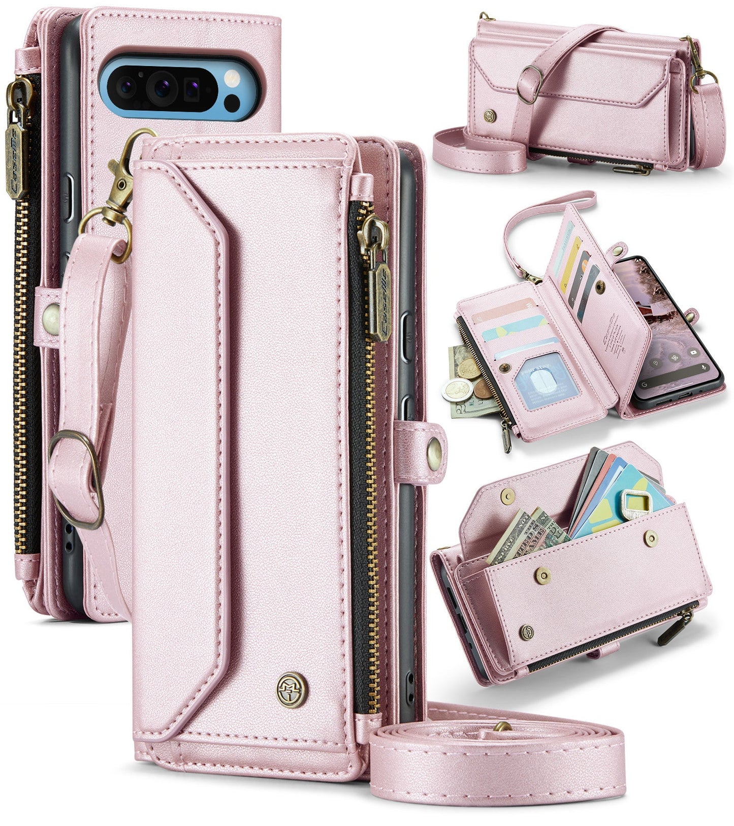 New RFID Blocking Zipper Wallet Supports Wireless Charging with Long and Short Lanyard Leather Phone Case for Google