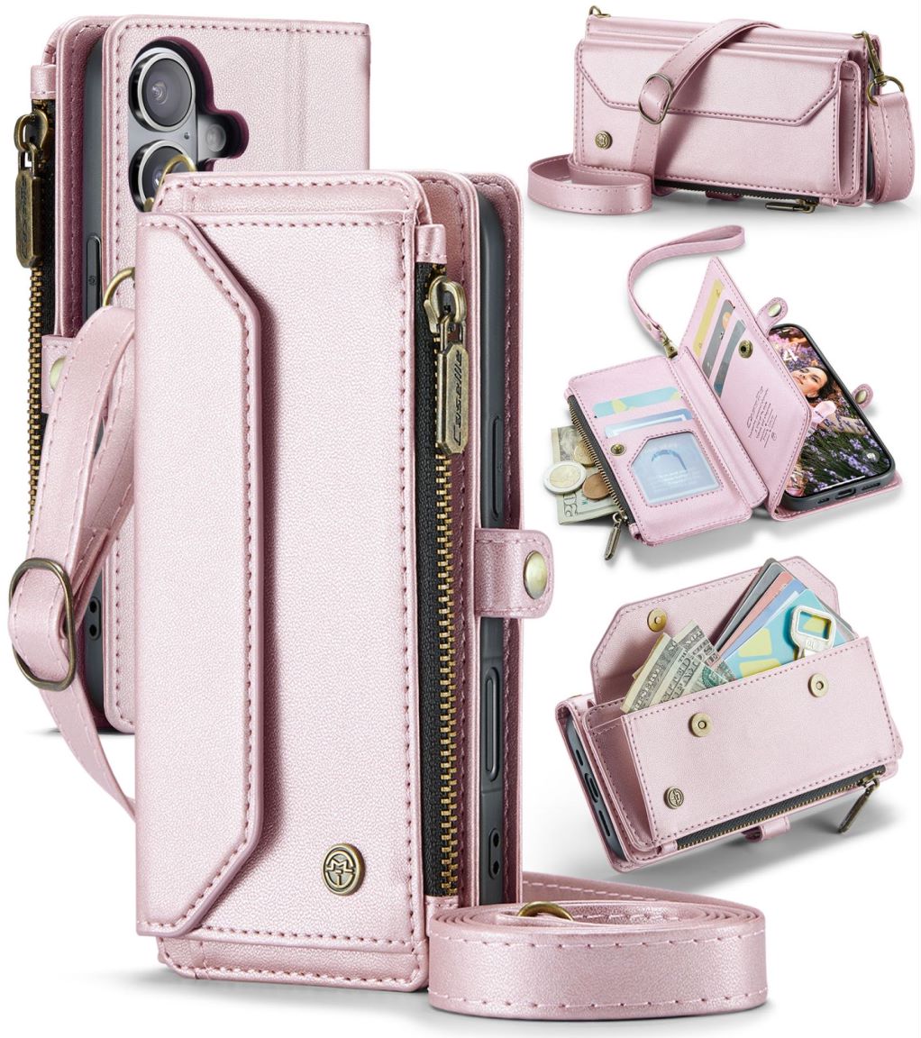 New RFID Blocking Zipper Wallet Supports Wireless Charging with Long and Short Lanyard Leather Phone Case for iPhone16/16e/16 Pro/16 Plus/16 Pro Max