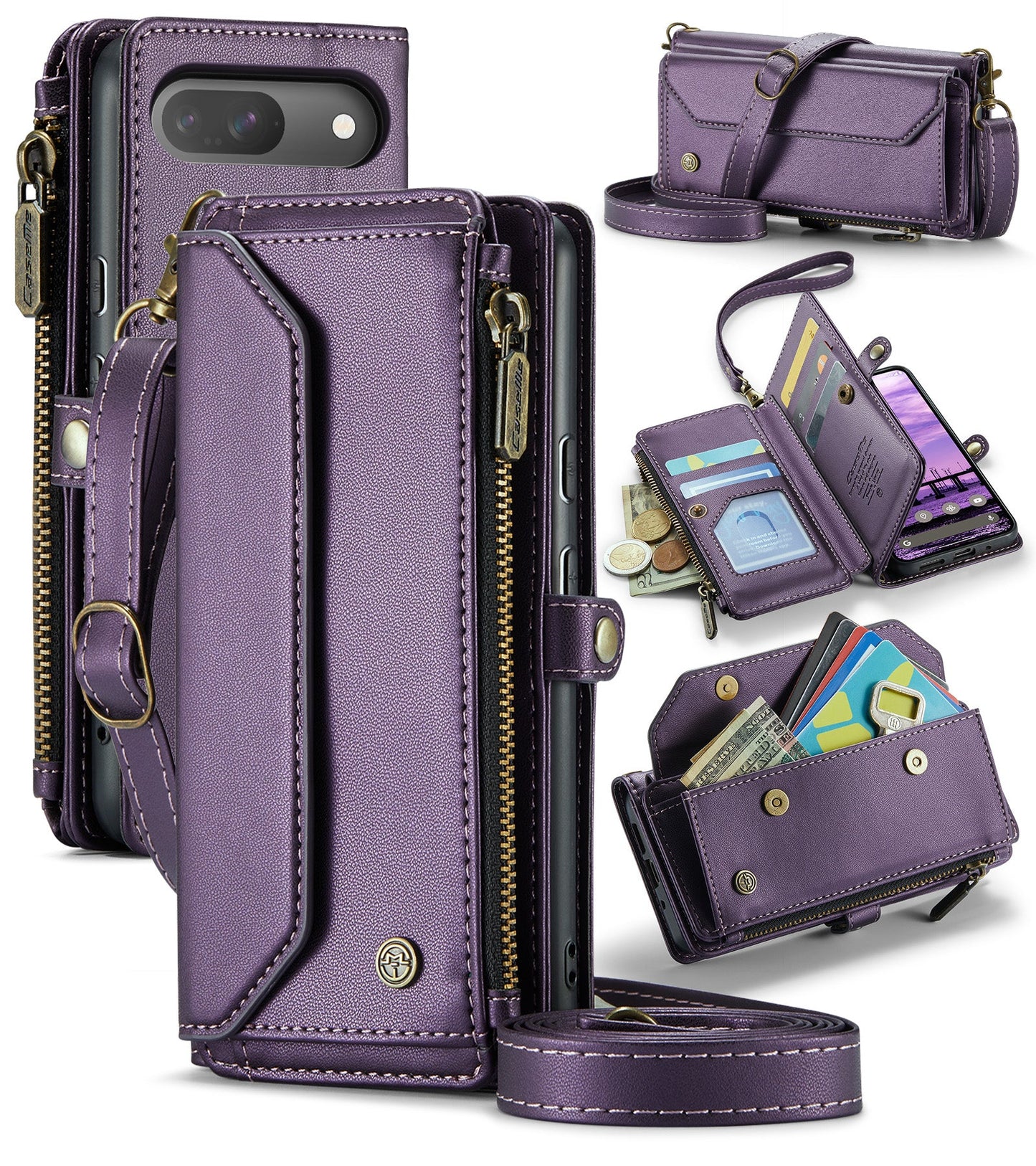 New RFID Blocking Zipper Wallet Supports Wireless Charging with Long and Short Lanyard Leather Phone Case for Google