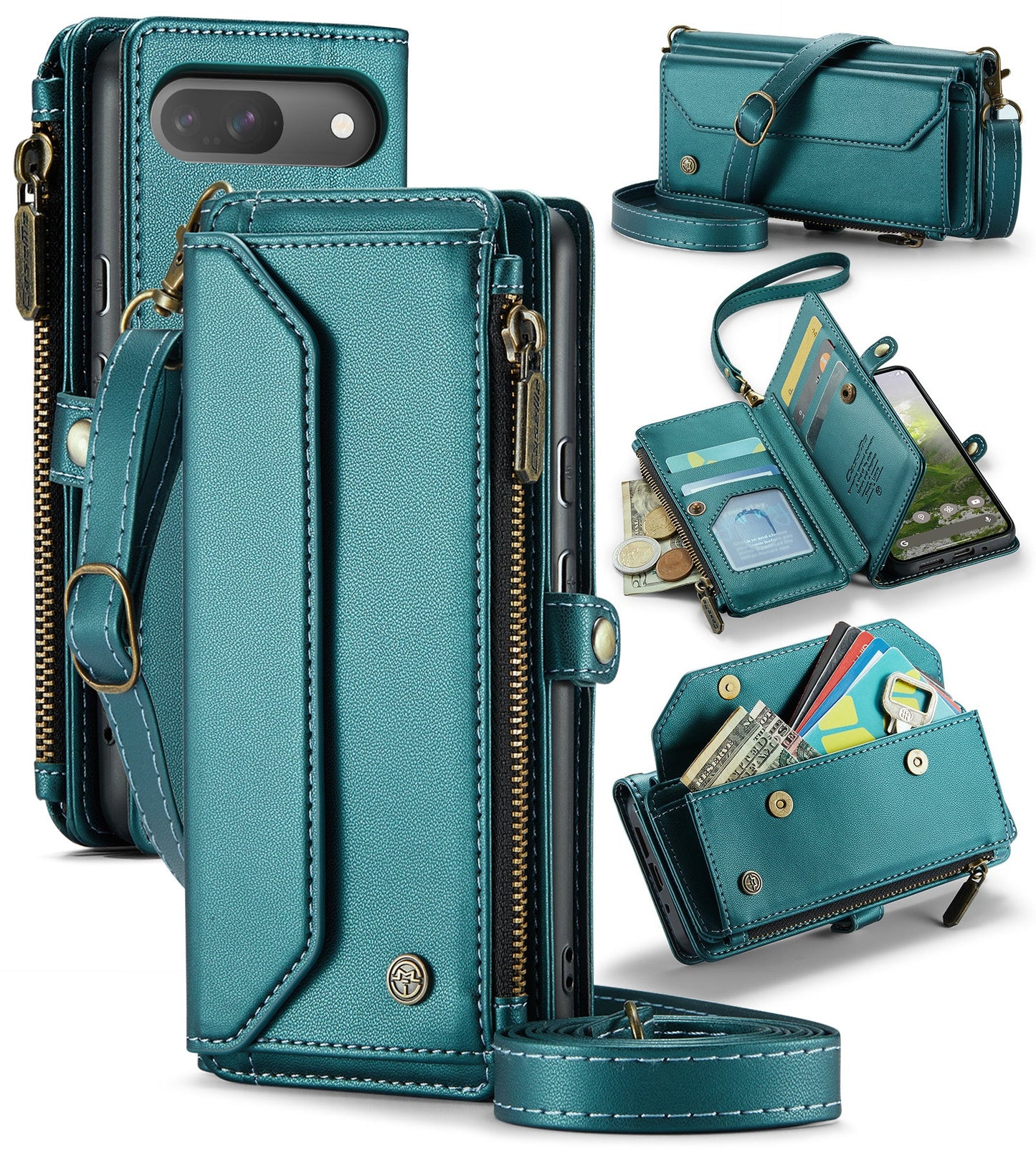 New RFID Blocking Zipper Wallet Supports Wireless Charging with Long and Short Lanyard Leather Phone Case for Google