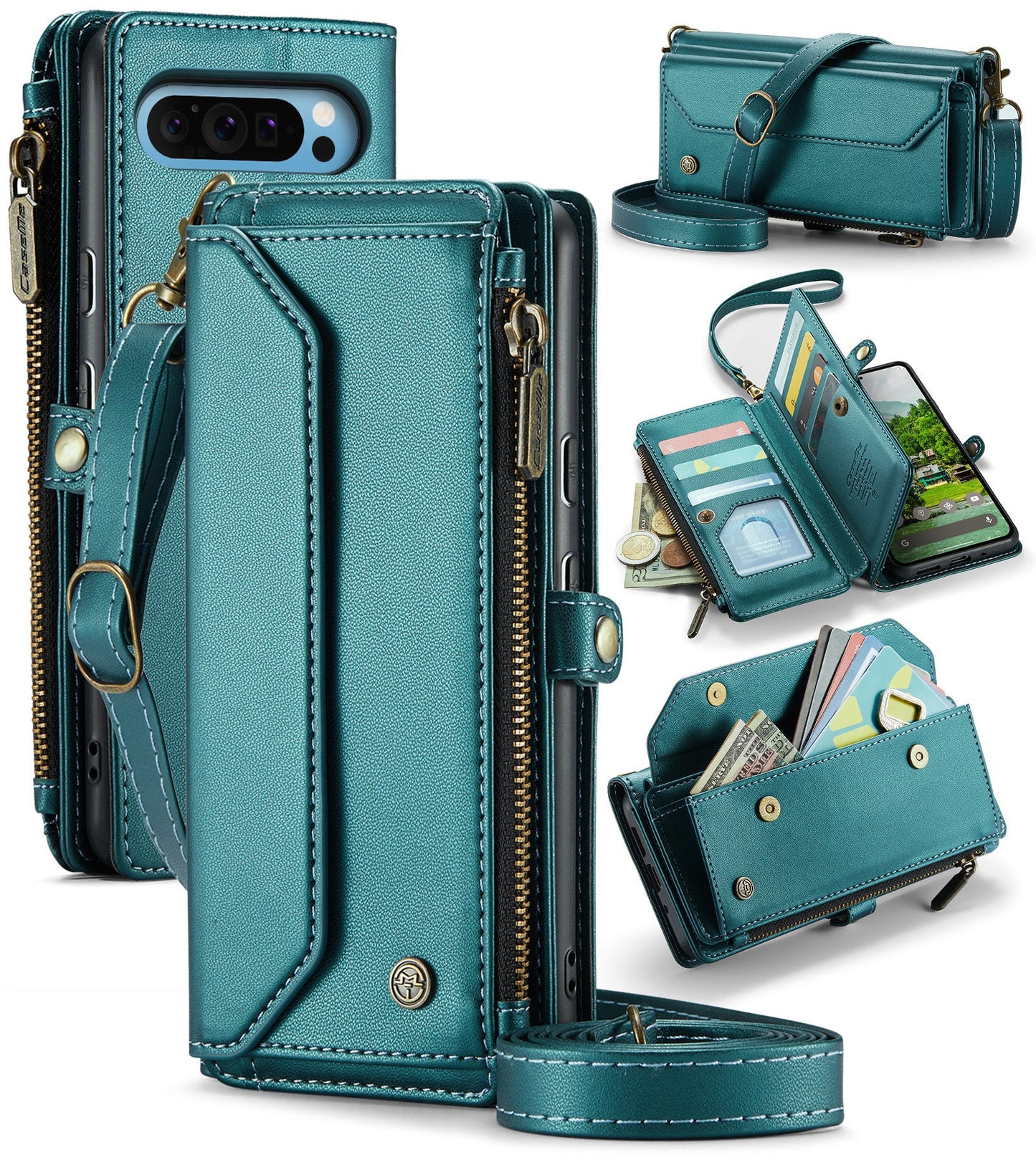 New RFID Blocking Zipper Wallet Supports Wireless Charging with Long and Short Lanyard Leather Phone Case for Google