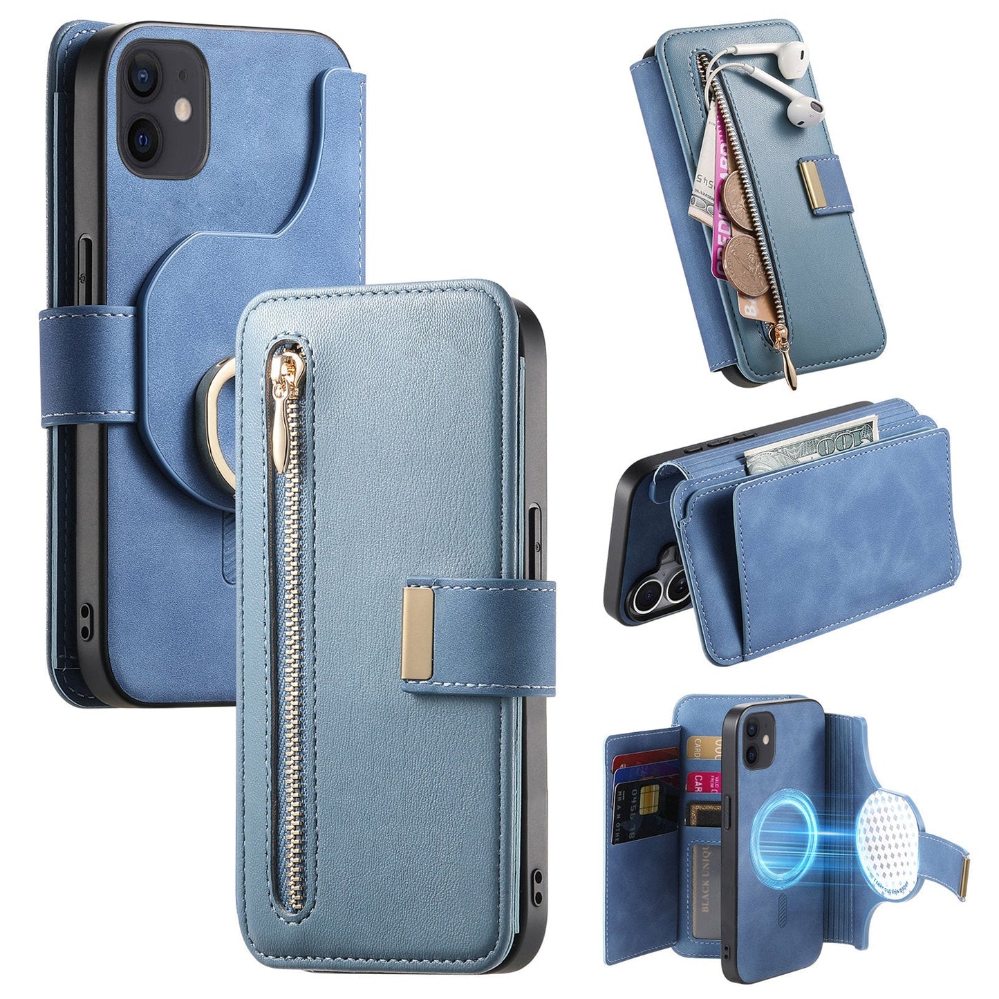 New RFID Blocking Zipper Wallet Magnetic Leather Phone Case for iPhone