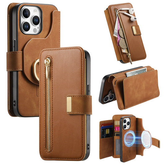 New RFID Blocking Zipper Wallet Magnetic Leather Phone Case for iPhone