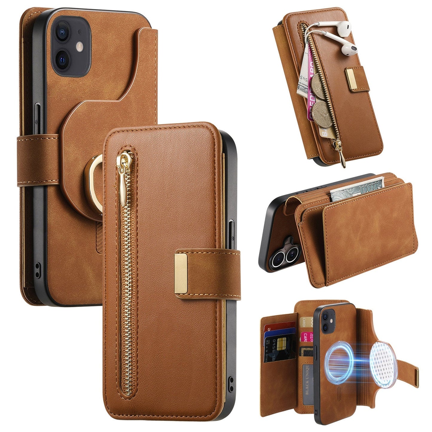 New RFID Blocking Zipper Wallet Magnetic Leather Phone Case for iPhone