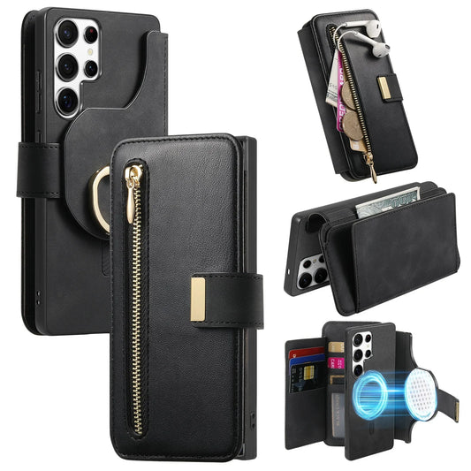 New RFID Blocking Zipper Wallet Magnetic Leather Phone Case for Samsung