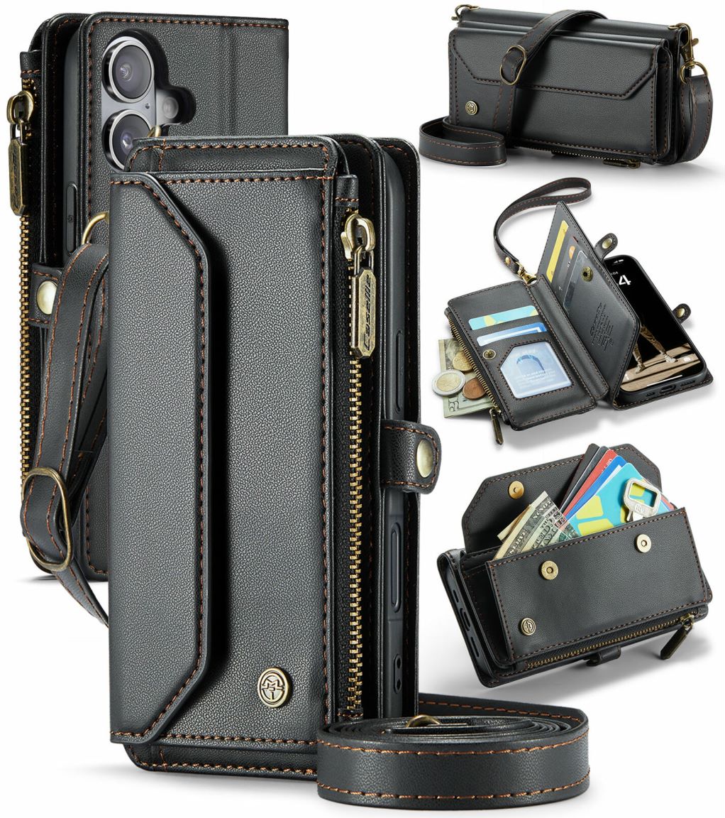 New RFID Blocking Zipper Wallet Supports Wireless Charging with Long and Short Lanyard Leather Phone Case for iPhone16/16e/16 Pro/16 Plus/16 Pro Max