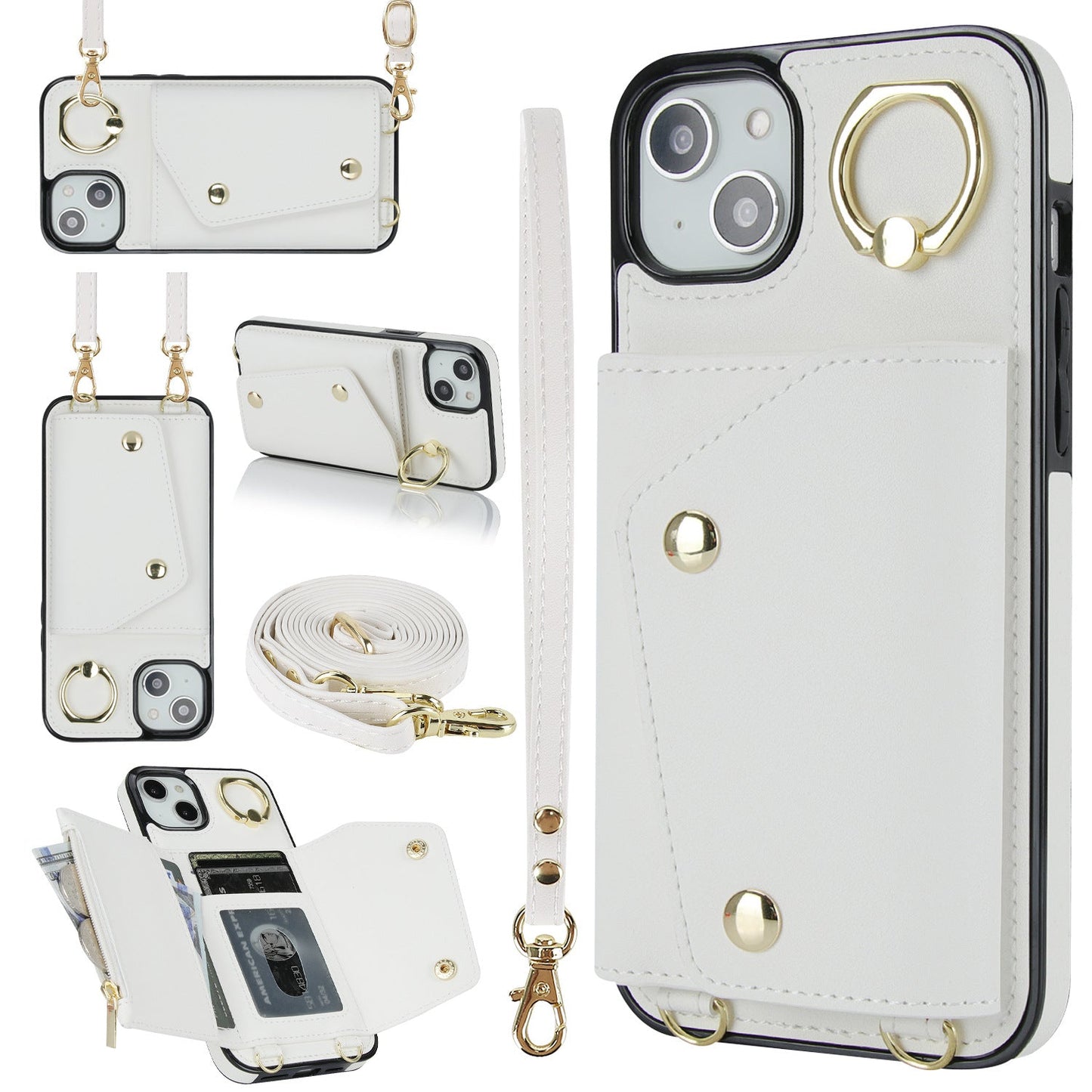 New Crossbody Zipper Wallet with Long and Short Lanyard Leather Phone Case for iPhone