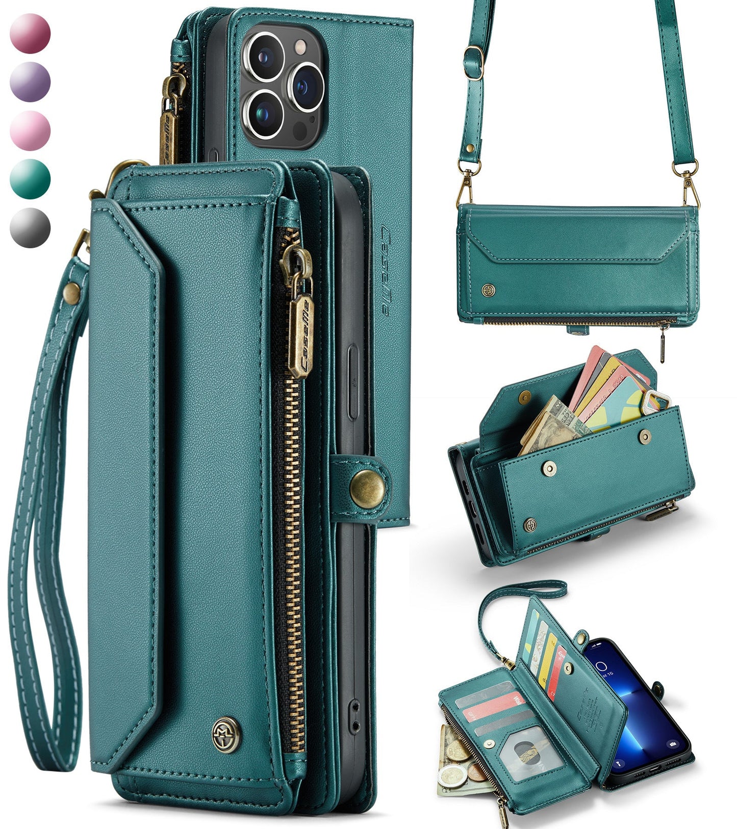 New RFID Blocking Zipper Wallet Supports Wireless Charging with Long and Short Lanyard Leather Phone Case for iPhone 11/11 Pro/11 Pro Max
